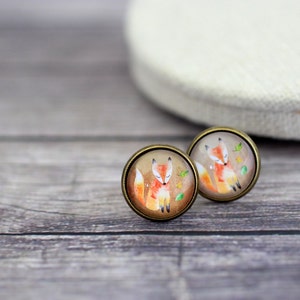 Pendientes de zorro, Pendientes de zorro rojo, Espárragos de zorro, zorro naranja, zorro lindo, joyería de zorro, zorro, zorro acuarela, pendientes beige, animales del bosque, vida silvestre