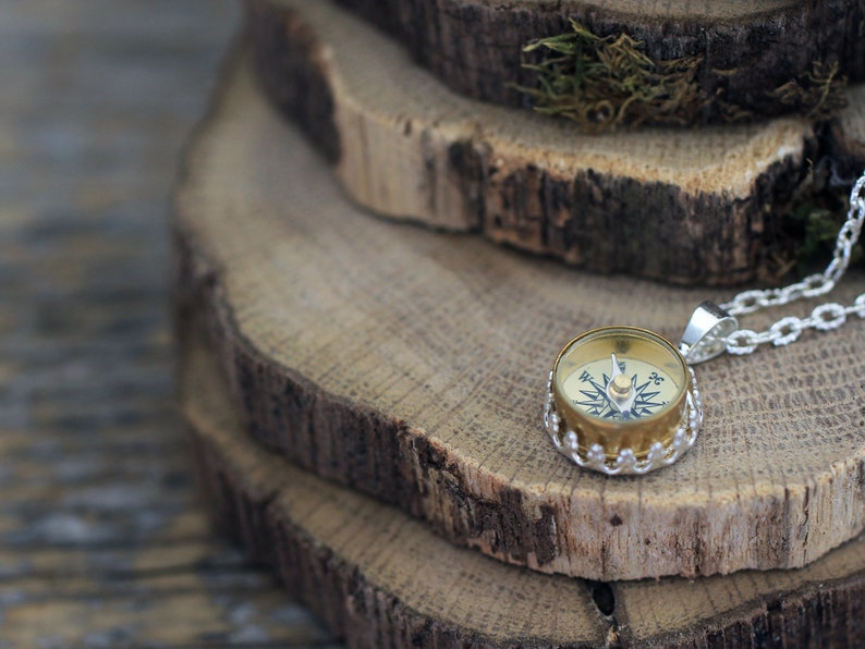 Peut inclure: Un collier en cha&icirc;ne argent avec un pendentif en forme de boussole. La boussole est ronde et a une bordure dor&eacute;e. La boussole est pos&eacute;e sur une pile de tranches de bois.