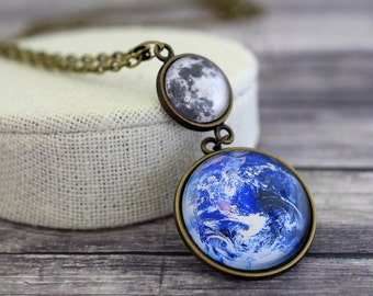 Earth and Moon Necklace, Solar System Necklace, Earth and Moon, Earth and Full Moon, Galaxy Necklace, Space Necklace, Planets Necklace