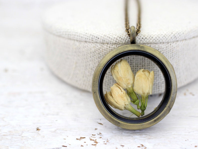 Jasmine Necklace, Jasmine Jewelry, Real Jasmine, Dried Jasmine Locket, Terrarium Locket, Dried Flowers Jewelry, Real Flowers Locket image 2