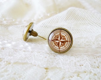 Compass Earrings, Compass Studs, Retro Compass, Nautical Compass, Nautical Earrings, Nautical Ship, Sea, Ocean, Marine, Traveling