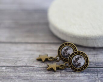 Moon Earrings, Full Moon Earrings, Moon and Stars, Moon Jewelry, Moon and Stars Earrings, Solar System Earrings, Space Earrings