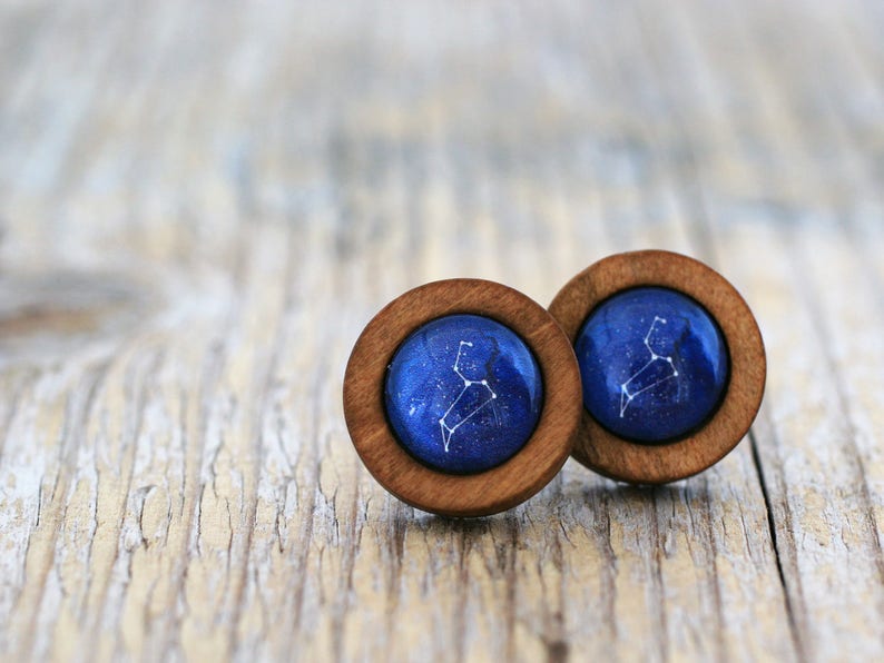 Leo Earrings, Leo Constellation, Zodiac Earrings, Leo Zodiac Earrings, Constellation Earrings, Wooden Earrings, Celestial Zodiac, Space Stud image 1