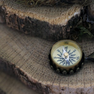 Peut inclure: Un petit pendentif en forme de boussole d'aspect antique avec une finition dor&eacute;e. Le cadran de la boussole pr&eacute;sente un motif noir et blanc avec une aiguille argent&eacute;e pointant vers le nord. Le pendentif est pos&eacute; sur une surface en bois rustique.