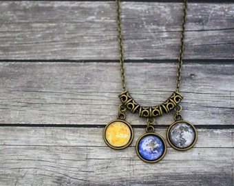 Sun Earth and Moon, Solar System Necklace, Planet Necklace, Moon and Earth, Space Jewelry, Earth, Full Moon, Sun, Solar System, Galaxy