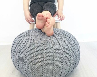 Kids Knitted Footstool: Grey Crochet Pouf Ottoman, Scandinavian Nursery Decor