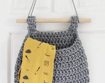 Crochet Hanging Basket, Hanging Storage Bag, Gray Nursery Decor, Kids Wall Decor, Baby Shower Gift, Nursery Storage Toys, Nursery Organizer