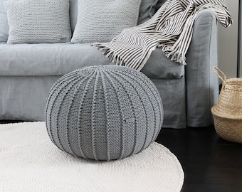 Grey Knitted Cotton Pouf Ottoman: Scandinavian Nursery Decor