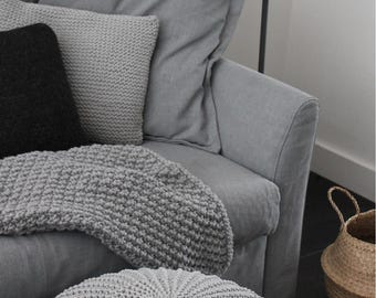 Knitted Cotton Pouf Ottoman: Light Grey Crochet Footstool