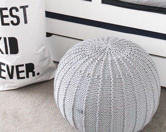 Knitted Footstool Pouf, Grey Crochet Pouf Ottoman, Neutral Nursery Decor, Knitted Pouffe Ottoman, Nursery Pouf Ottoman, Scandinavian Decor