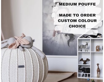 Knitted Cotton Pouf Ottoman: Neutral Nursery Footstool