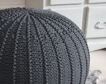 Large Knitted Cotton Pouf Ottoman: Graphite Scandinavian Decor