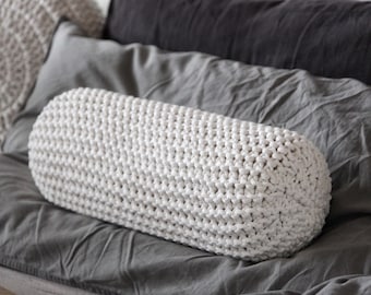 Chunky Knit Neck Roll Pillow: Ecru Knitted Bolster Cushion