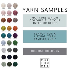 May include: A chart of yarn samples with colour names and a title that reads "YARN SAMPLES". The text below the chart reads "NOT SURE WHICH COLOURS SUIT YOUR INTERIOR BEST?" and "SEARCH FOR A LISTING "YARN SAMPLES ZURI"". Below that is a grey rectangle with the text "CHOOSE COLOURS" and a logo that reads "ZURIHOUSE".