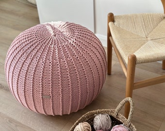Large Knitted Cotton Pouf Ottoman - Powder Pink Footstool