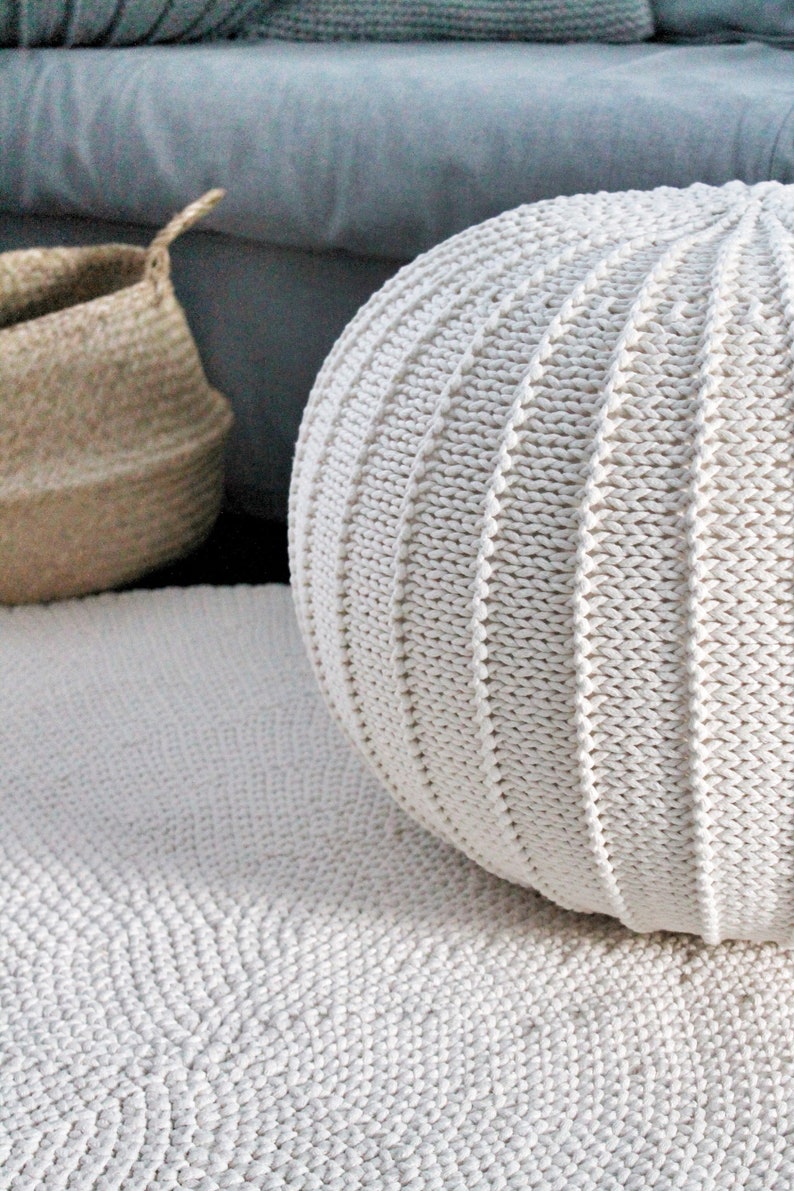 Large Knitted Footstool Pouf White Knitted Pouf Ottoman Etsy