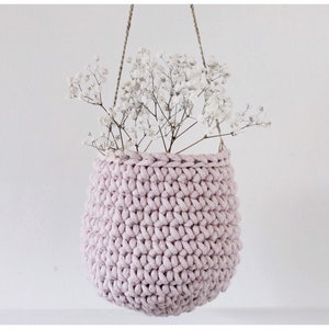 Crochet Hanging Basket: Powder Pink Cotton Cord Plant Pot Holder
