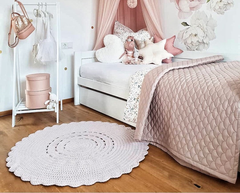 Round Nursery Rug Pink, Crochet Rug Kids, Girls Nursery Decor, Round Crocheted Rugs, Scandinavian Nursery Decor, Round Carpet Handmade image 1