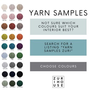 May include: A chart of yarn samples with color names and a call to action to search for a listing called "Yarn Samples Zuri" on Etsy. The colors include ivory, oatmeal, beige, pale pink, powder pink, old rose, cinnamon, terracotta, mocha, golden kiwi, mustard, pumpkin, ocean, petrol, aubergine, baby blue, sage, avocado, light grey, dark grey, graphite, charcoal, navy blue, black, light olive, olive green, and bottle green.