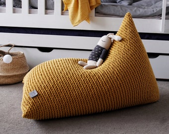 Knitted Bean Bag Chair Cover, Mustard Beanbag Chair Cover, Kids Bean Bag Chair, For Kids Lounger, Scandinavian Kids Bedroom Furniture