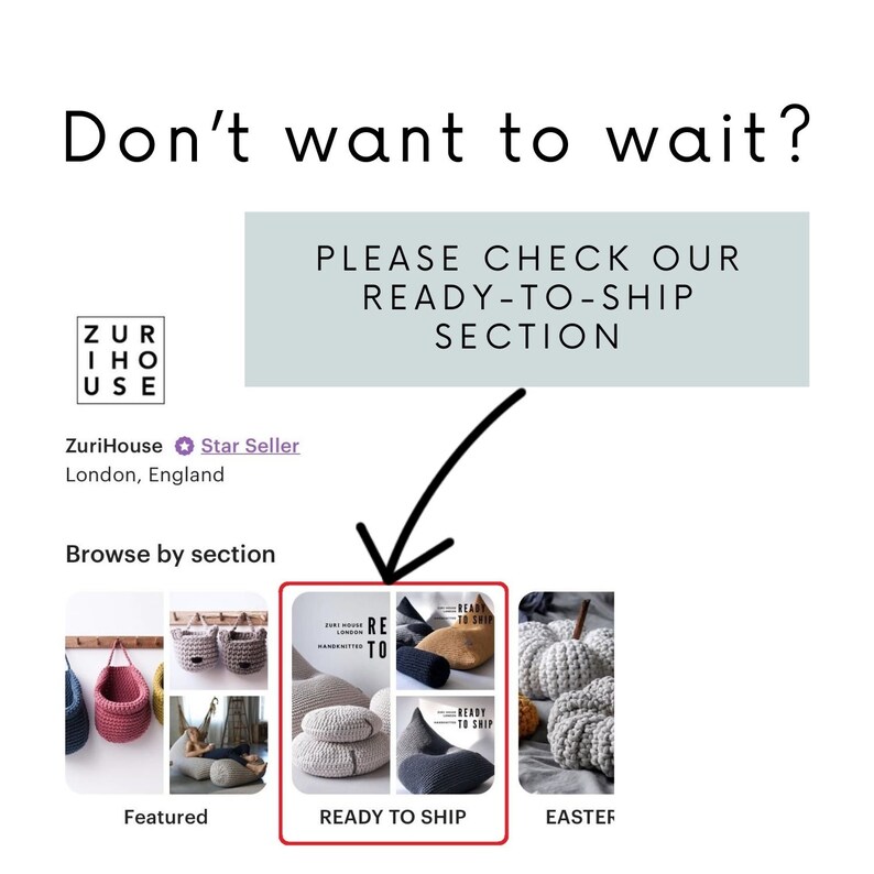 May include: A collage of crocheted items, including a pumpkin, a pillow, and a basket. The text "READY TO SHIP" is displayed below the collage.