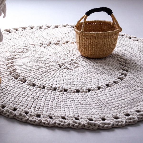 Round Neutral Rug, Crochet Décor Neutral Rug, Round Crochet Rug for Nursery, Round Crocheted Rugs, Scandinavian Home Decor