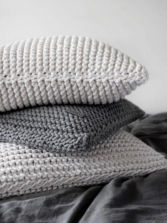 Chunky Knit Denim Blue Cushion: Scandinavian Throw Pillow