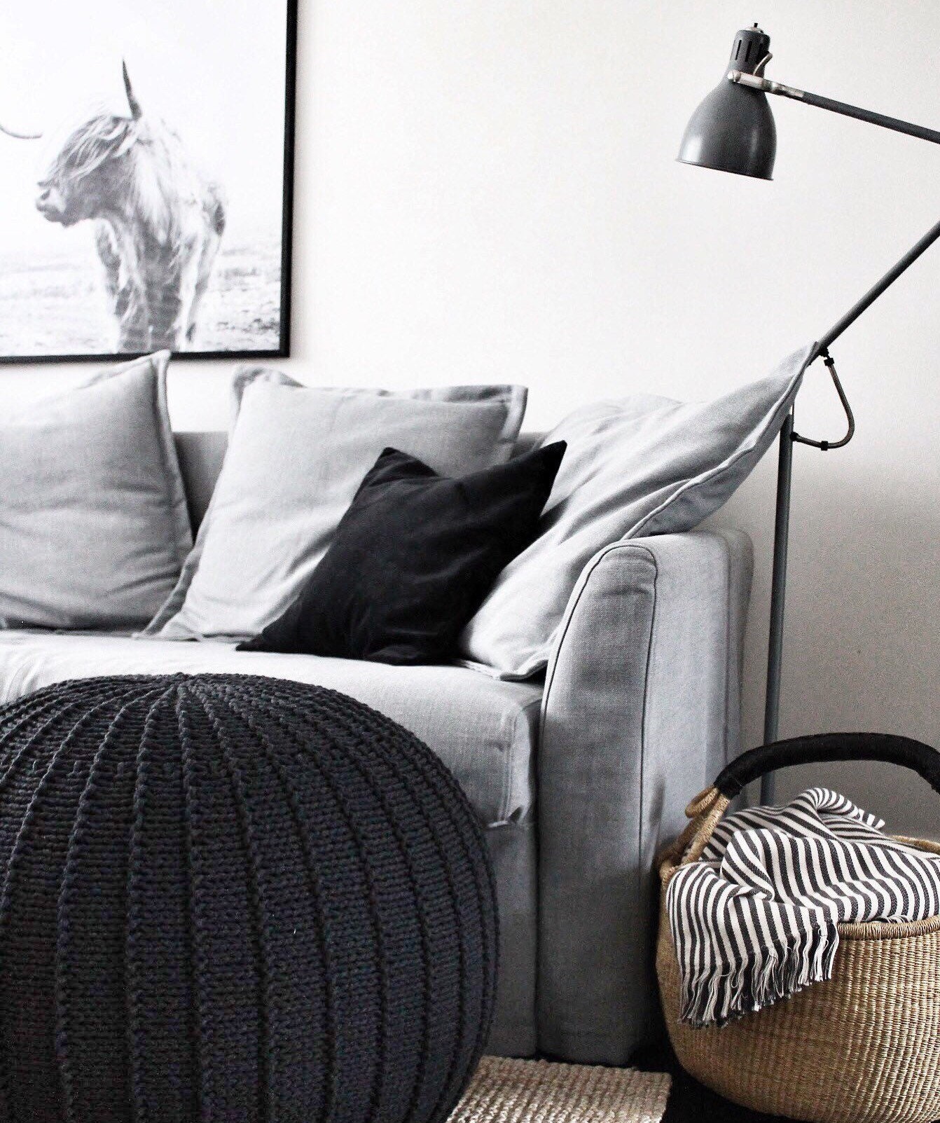 Grand Tabouret Tricoté Pouf, Pouf Ottoman Tricoté, Décor d'accueil Monochrome, Pouffe Ottoman Noir,