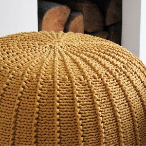 Knitted Footstool Pouf, Large Knitted Pouf Ottoman, Yellow Home Decor, Knitted Pouffe Ottoman, Mustard Pouf Ottoman, Scandinavian Decor image 1