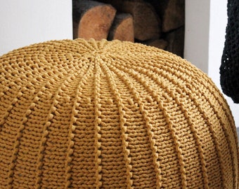 Gestrickter Fußhocker Pouf, großer gestrickter Sitzpouf Ottomane, gelbes Wohndekor, gestrickter Sitzpouf Ottomane, Senfhocker Ottomane, skandinavisches Dekor