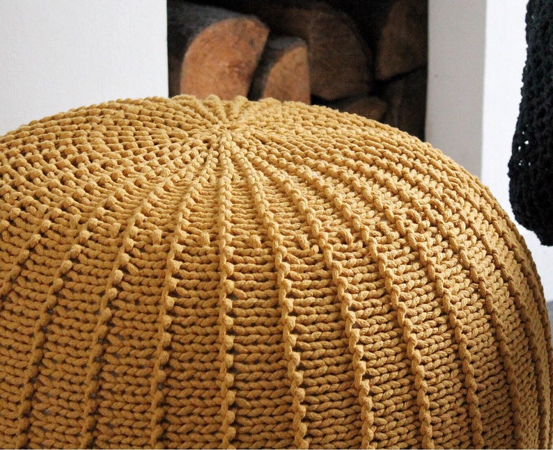 Knitted Footstool Pouf, Large Knitted Pouf Ottoman, Yellow Home Decor, Knitted Pouffe Ottoman, Mustard Pouf Ottoman, Scandinavian Decor image 1