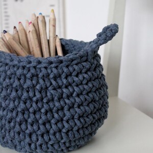 Crochet Storage Basket: Denim Blue Cotton Cord, Kids Organizer