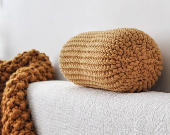 Chunky Knit Bolster Pillow: Recycled Cotton Mustard Neck Cushion