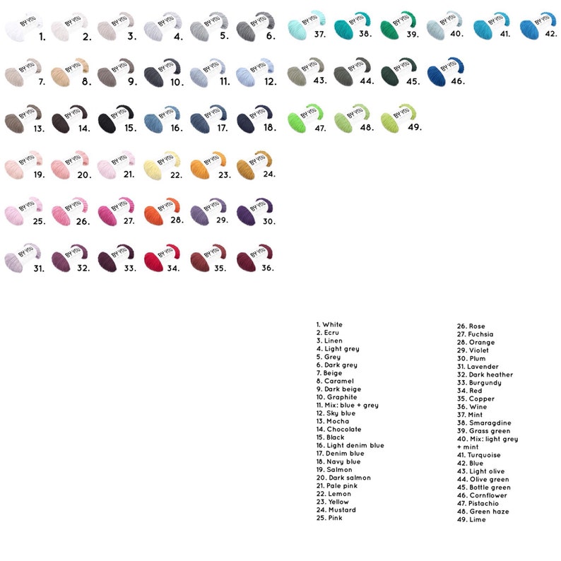 Puede incluir: Una carta de colores con 49 muestras de hilo, numeradas del 1 al 49. Cada muestra de hilo es de un color diferente, incluyendo blanco, negro, rojo, azul, verde, amarillo, naranja, rosa, morado y marr&oacute;n. Las muestras de hilo est&aacute;n dispuestas en filas y columnas.