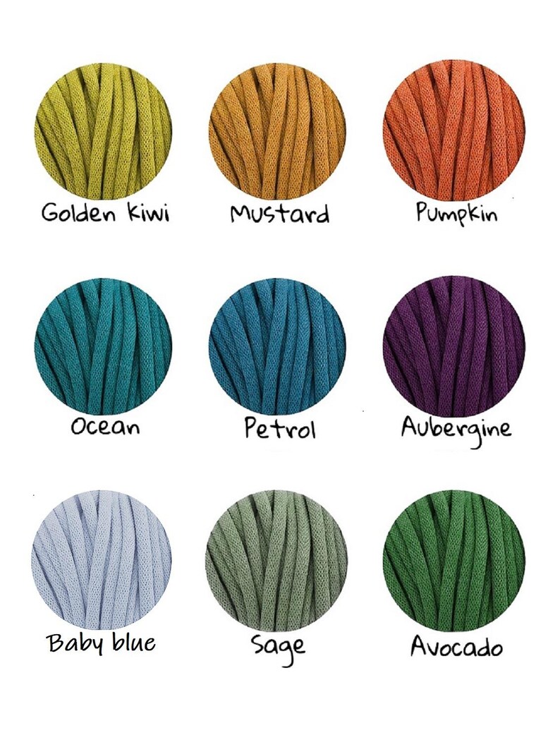 May include: Nine balls of yarn in different colors, including golden kiwi, mustard, pumpkin, ocean, petrol, aubergine, baby blue, sage, and avocado.