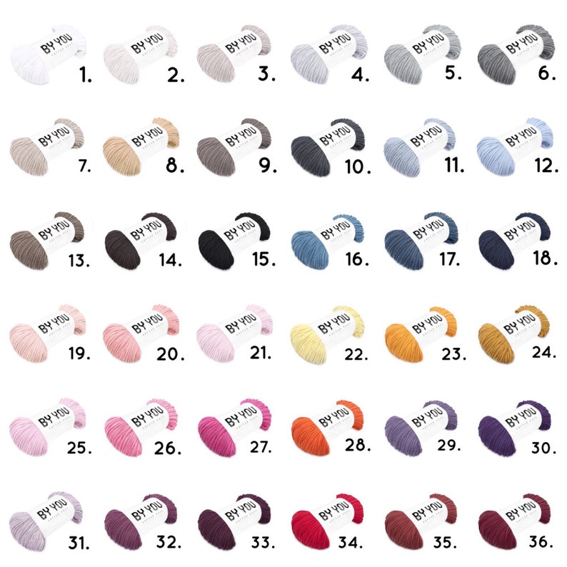 Puede incluir: Treinta y seis ovillos de hilo en varios colores, etiquetados con los n&uacute;meros del 1 al 36. Cada ovillo est&aacute; etiquetado con "BY YOU".