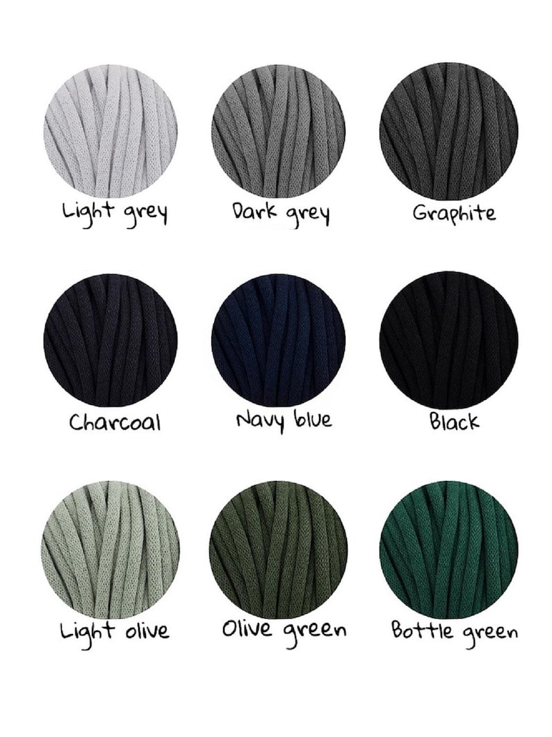 May include: Nine balls of yarn in different colors: light grey, dark grey, graphite, charcoal, navy blue, black, light olive, olive green, and bottle green.