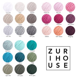 May include: A colour chart of 24 yarn colours, including snow white, ivory, oatmeal, powder pink, baby pink, rose, beige, caramel, mocha, fuchsia, amaranth, dark heather, light grey, grey, dark grey, salmon, dark salmon, burgundy, marl mint, mint, smaragdine, turquoise, petrol, sage, light olive, olive green, and bottle green. The chart is labelled "ZUR IHO USE".