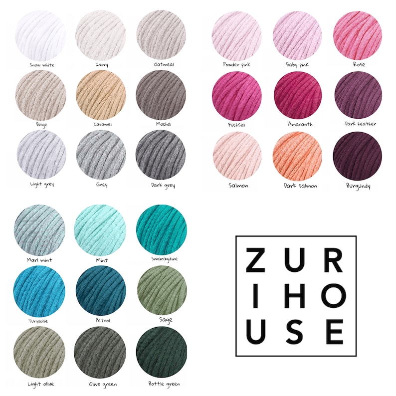 May include: A colour chart of 24 yarn colours, including snow white, ivory, oatmeal, powder pink, baby pink, rose, beige, caramel, mocha, fuchsia, amaranth, dark heather, light grey, grey, dark grey, salmon, dark salmon, burgundy, marl mint, mint, smaragdine, turquoise, petrol, sage, light olive, olive green, and bottle green. The chart is labelled "ZUR IHO USE".
