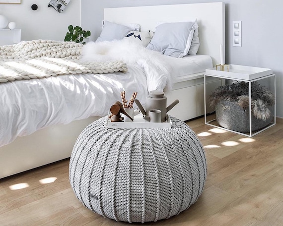 50cm Grey Knitted Foot Stool Luxury Handmade Morrocan Cotton Living Bedroom Sofa 