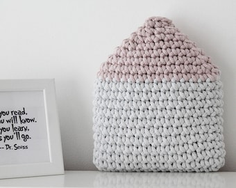 Crocheted House Cushion, Powder Pink Nursery Decor