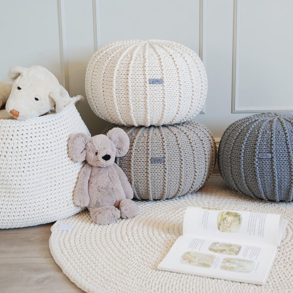 Kids Knitted Cotton Pouf Ottoman: Scandinavian Nursery Decor