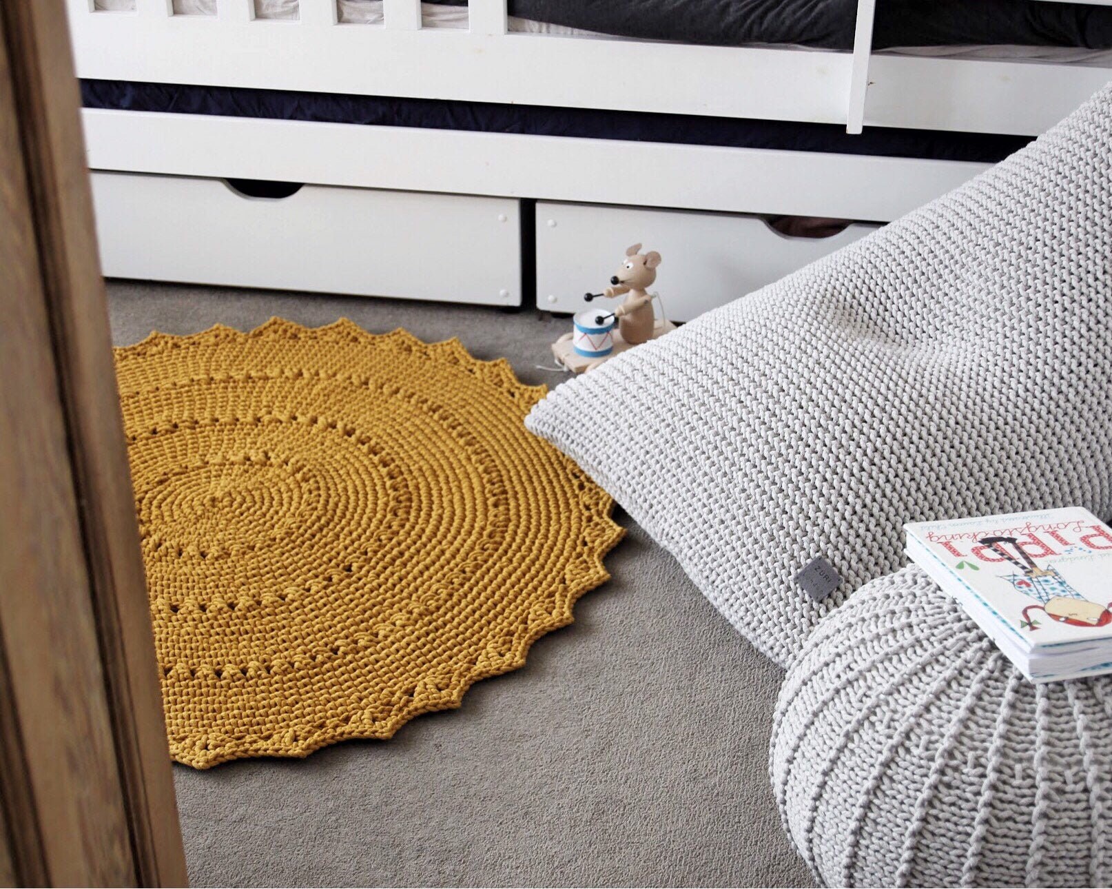 Tapis de Pépinière Rond Moutarde, Tapis Crochet Jaune Décor, Ronds Crochetés, Décor Neutre Scandinav