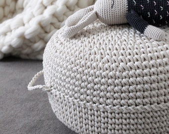 Crochet Pouf Ottoman, Kids Crochet Chair, White Nursery Decor, Scandinavian Kids Decor, Crochet Footstool Nursery, Knitted Pouf Ottoman