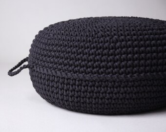 Black Crochet Pouffe Ottoman: Scandinavian Footstool, Eco-Friendly Cotton
