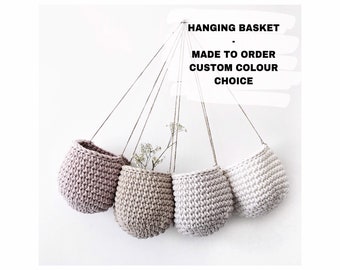 Crochet Hanging Basket, Crochet Hanger, Crocheted Hanging Planter, Hanging Plant Pot Holder, Kids Storage Basket, Neutral Nursery Decor