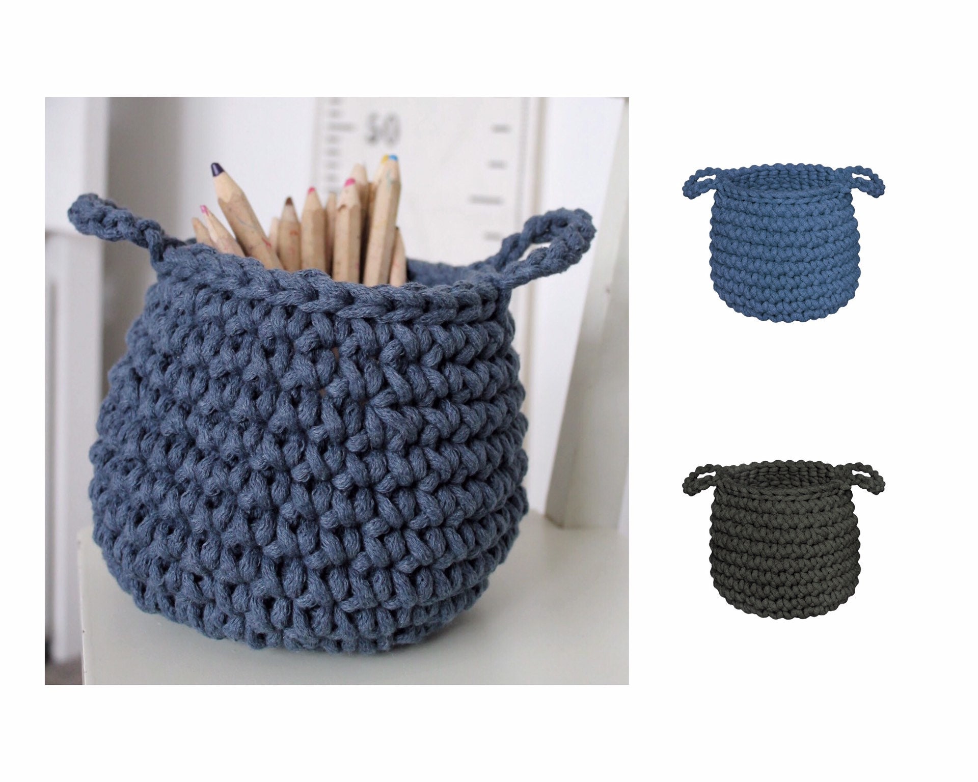 かぎ針編み収納バスケット：デニムブルーコットンコード、子供用