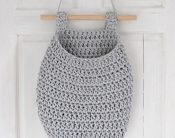 Crochet Hanging Basket, Hanging Storage Bag, Grey Nursery Decor, Kids Wall Decor, Baby Shower Gift, Nursery Storage Toys, Nursery Organizer