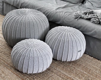 Knitted Cotton Pouf Ottoman: Light Grey Nursery Decor