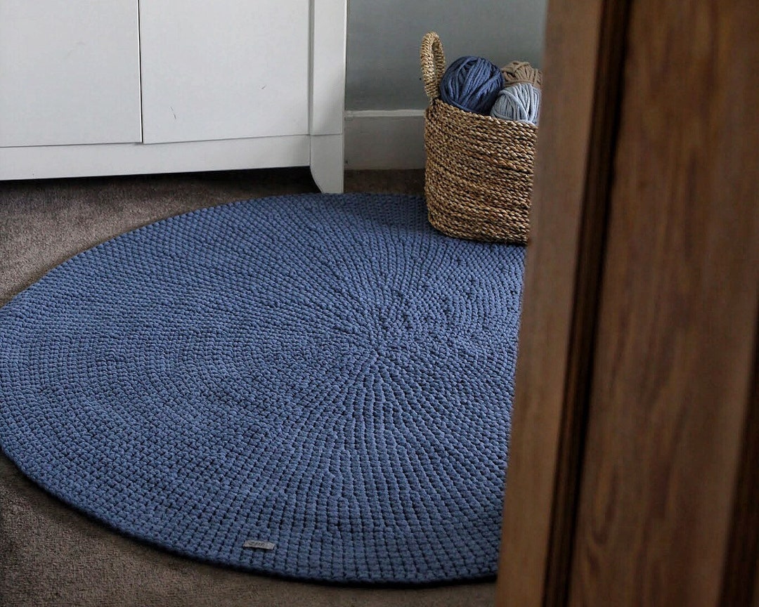 Round Nursery Rug Neutral, Blue Nursery Décor, Round Crochet Rug for